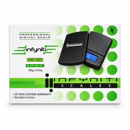 Infiniti Mini II Digital Scale retail packaging box, featuring a white background with green polka dots and an illustration of the black double digital scale.