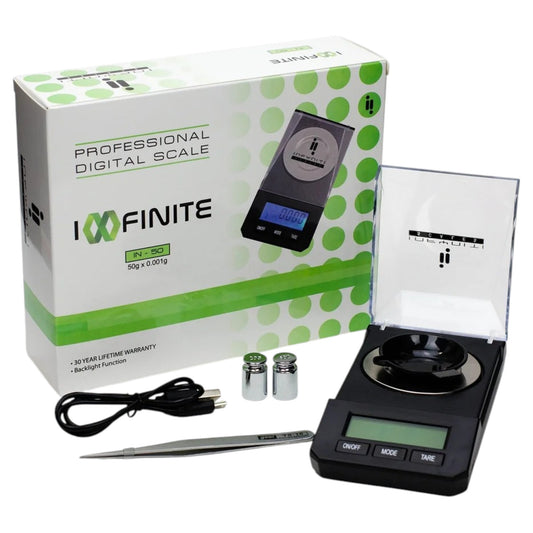Infyniti IN-50 professional digital scale with box, LCD display, weighing tray, tweezers, USB cable, and calibration weights. - TheWee Smoke Shop