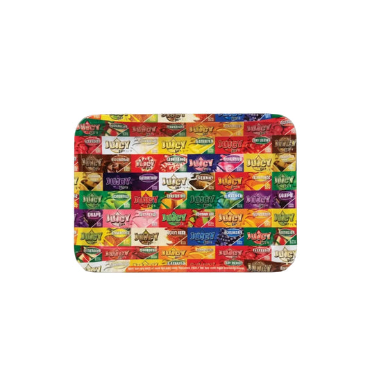 A rectangular mat featuring a colorful grid collage of Juicy Jays candy packages, with the Juicy Jays logo printed in the top right corner.