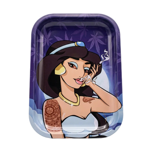 Featuring Jasmine Dreams Medium Rolling displaying princess Jasmine puffing on that magic carpet wearing hemp style henna behind her is a full moon purple night sky with hemp leaves behind her Tray on white background
