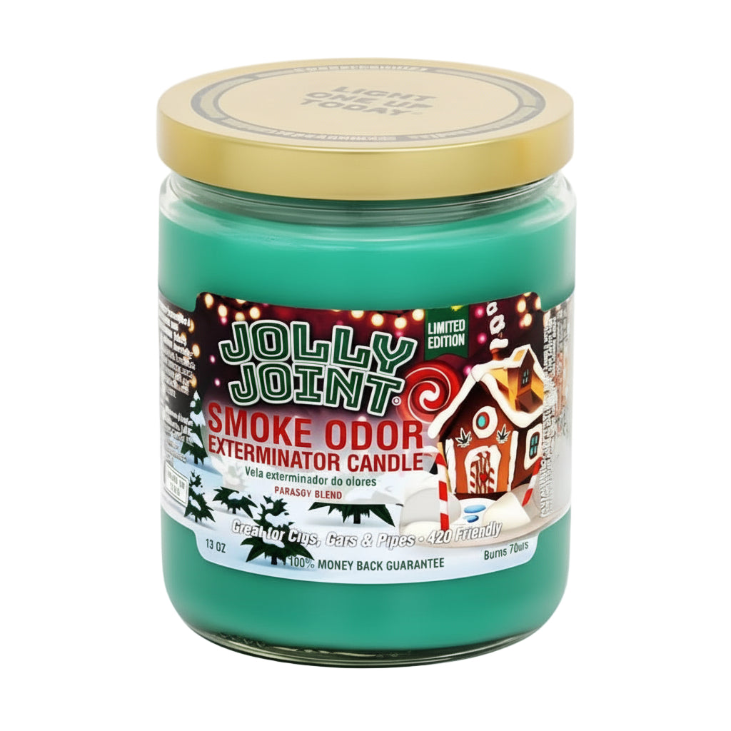 Green candle labeled 'Jolly Joint Smoke Odor Exterminator Candle' with a gold lid on a white background.