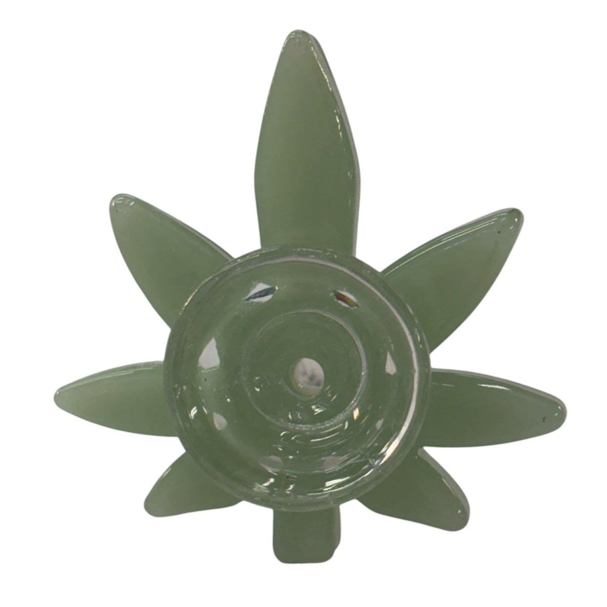 Sage green weed leaf glass bowl with a cannabis leaf design around the bowl, round centre opening, side handle, and clear glass joint on a white background. The Wee Smoke Shop