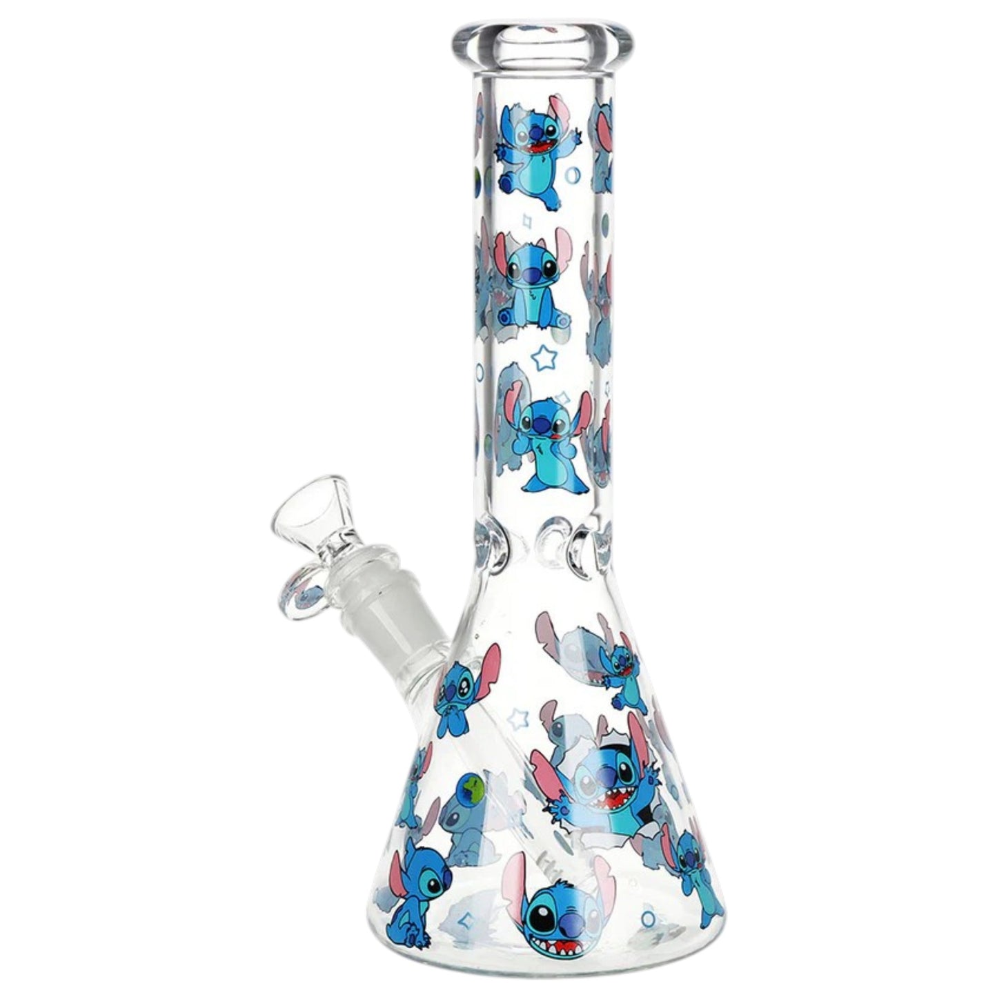 Angled view of clear Stitch themed beaker bong with blue character decals, glass bowl, and downstem. - The Wee Smoke Shop