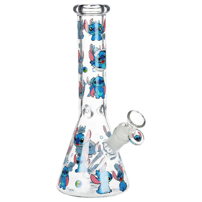 Clear Stitch themed beaker bong with blue character artwork, glass bowl, and downstem. - The Wee Smoke Shop