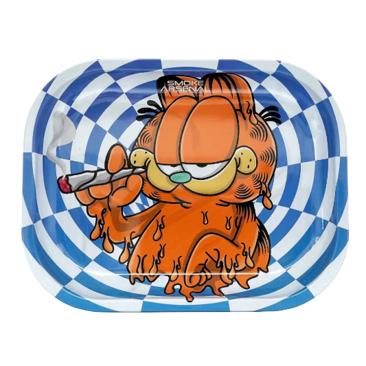 Looney Cat Mini Rolling Tray displaying melting Garfield puffing ona J on white background