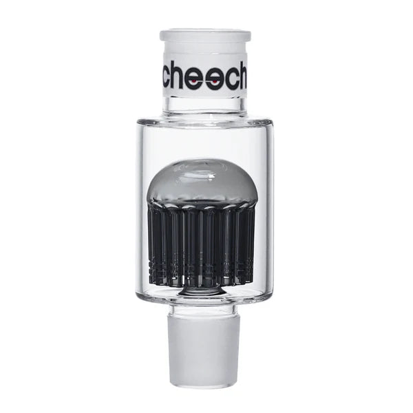 Clear glass Cheech bong attachment with black multi-arm percolator and joint connection