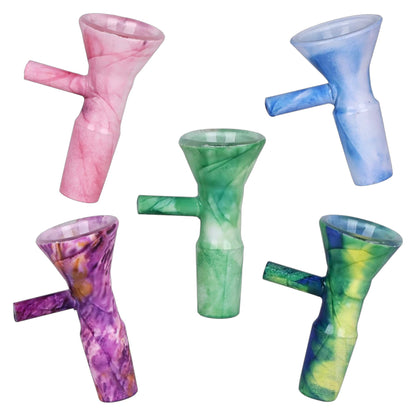 Assorted 14mm male herb bowls shown together in pink, blue, green, yellow-green, and purple marbled glass finishes, each with a flared bowl opening and side handle. The Wee Smoke Shop