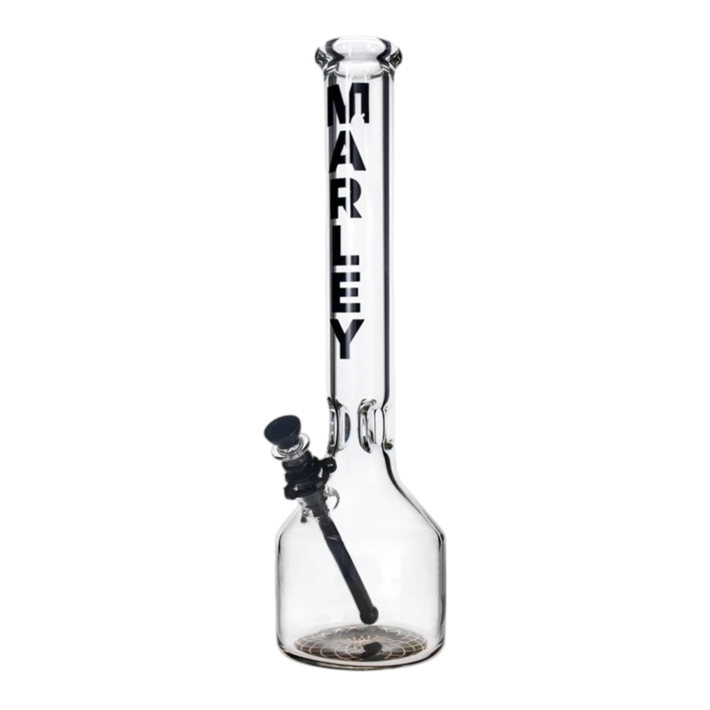 A clear glass water pipe with a black base, bowl, and internal tube, featuring the brand name 'MARLEY' printed vertically in black on the neck, set against a plain white background. - The Wee Smoke Shop