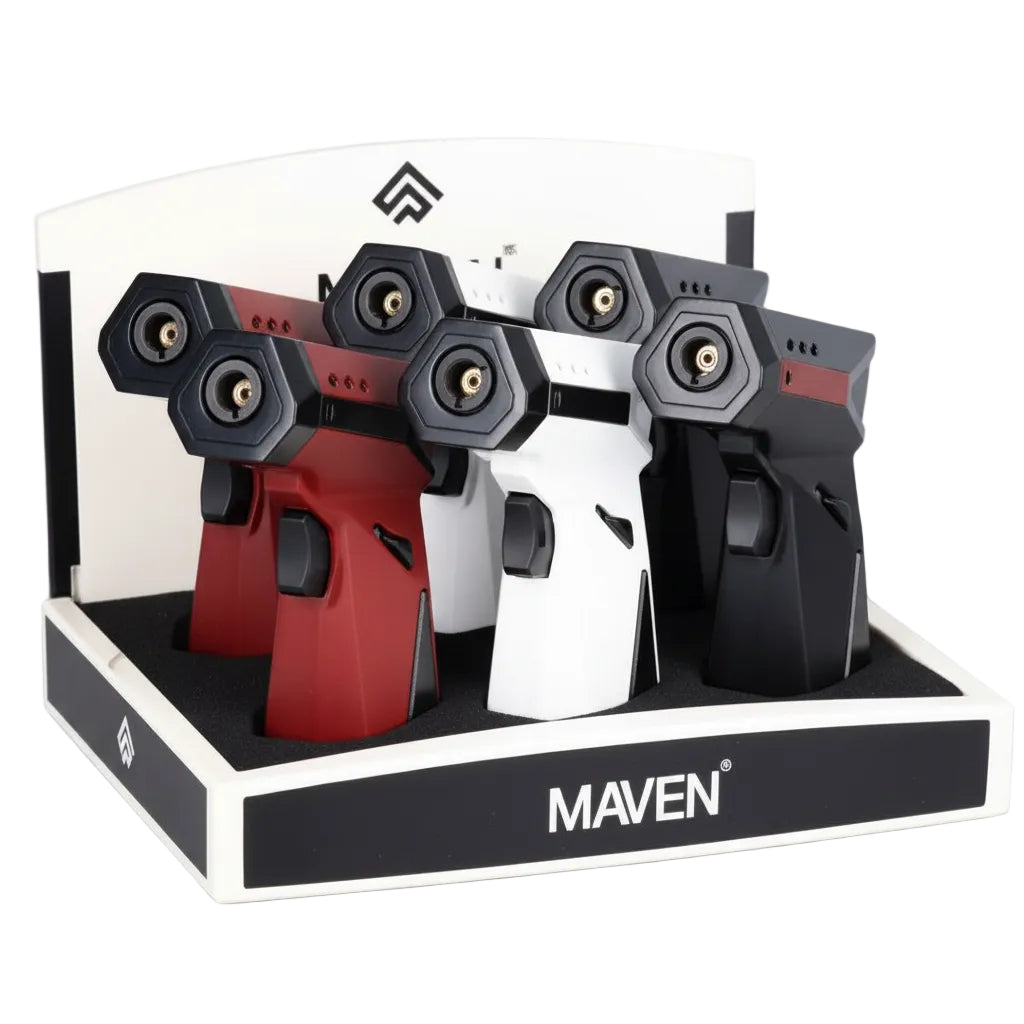 A display of Phantom Torch lighters in red, white, and black, arranged on a black and white branded stand labeled MAVEN.