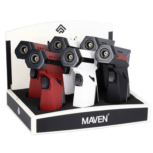 A display of Phantom Torch lighters in red, white, and black, arranged on a black and white branded stand labeled MAVEN.