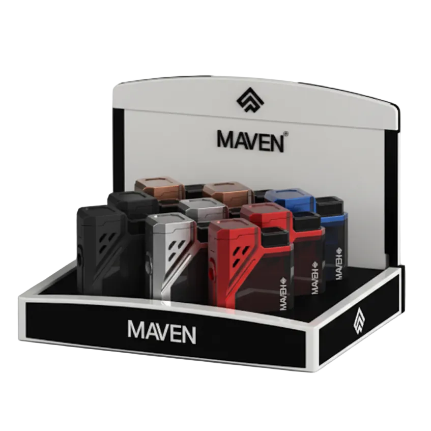 Display of Maven lighters with a branded stand on a white background