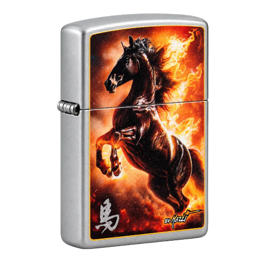 Zippo lighter with a horse design on fire