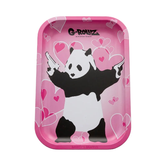 Featuring medium Pink rolling tray with panda design and 'G-Rollz' branding on white background