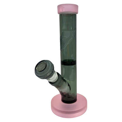 Black glass straight tube bong with pink base, pink mouthpiece, glass bowl, and downstem. The Wee Smoke Shop