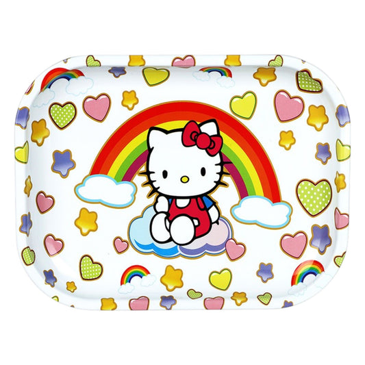 Hello Kitty rainbow rolling tray with hearts, stars, clouds, and colourful character artwork. The Wee Smoke Shop