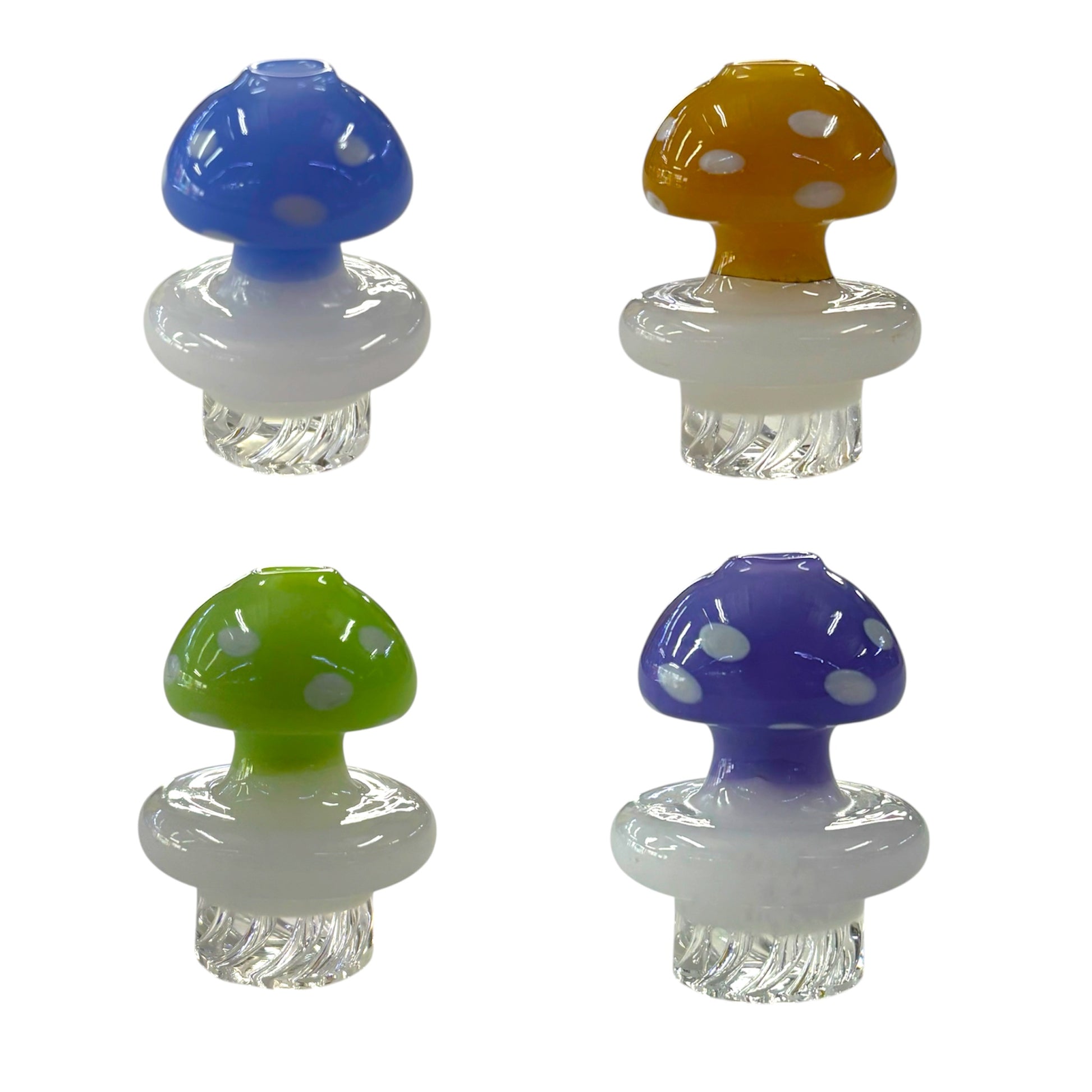 Assorted mushroom dab carb caps in blue, amber, green, and purple glass with white spotted details and clear textured bases. - The Wee Smoke Shop