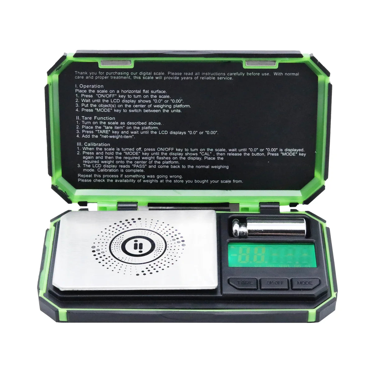Open Infyniti Nebula digital pocket scale showing stainless steel weighing platform, blue backlit display, control buttons, calibration weight, and instructions inside the lid. The Wee Smoke Shop