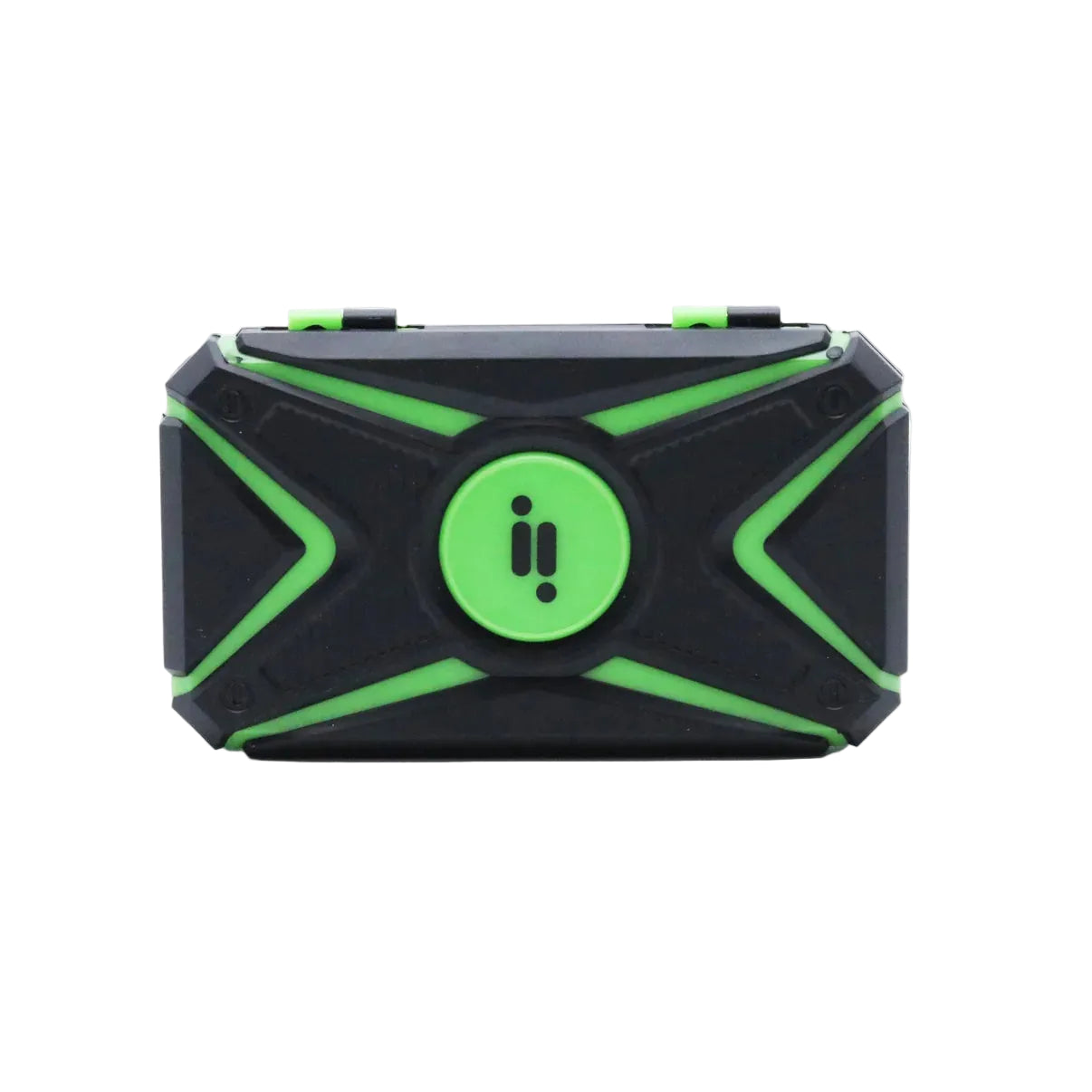 Closed Infyniti Nebula digital pocket scale with black and green protective hard case design. - The Wee Smoke Shop