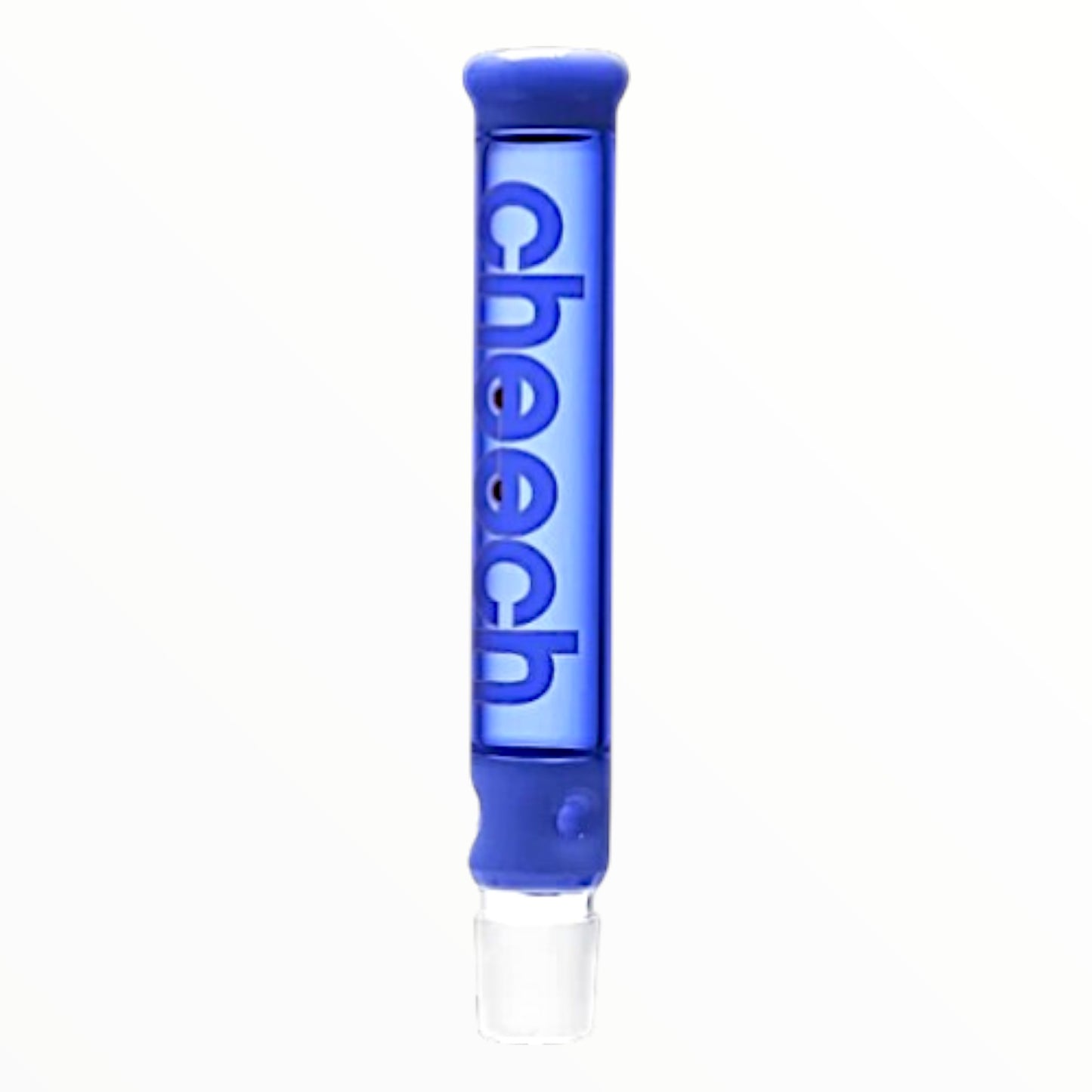 Blue glass Cheech straight tube bong attachment with logo and joint connection