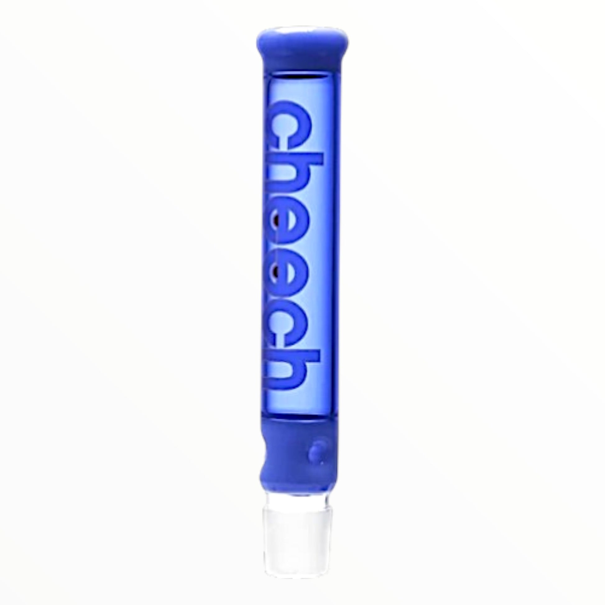 Blue glass Cheech straight tube bong attachment with logo and joint connection