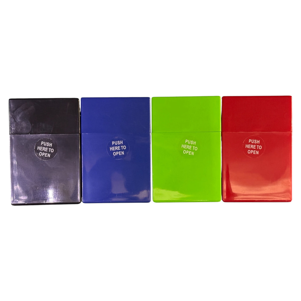 Assorted hard shell cigarette cases shown together in black, blue, green, and red, each with a rectangular shape and small “push here to open” button on the front.