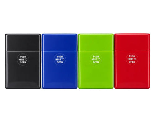 Assorted hard shell cigarette cases shown together in black, blue, green, and red, each with a rectangular shape and small “push here to open” button on the front.