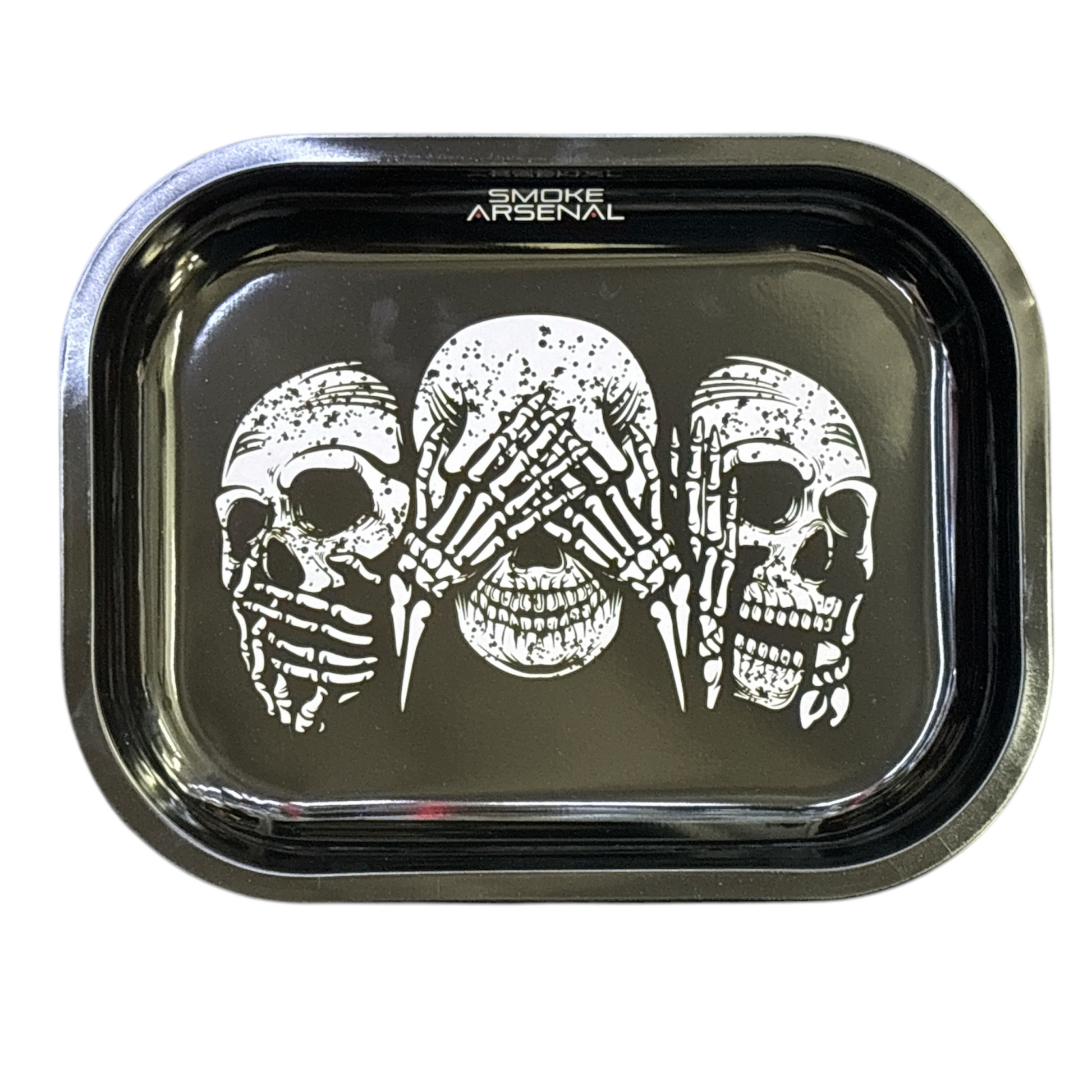 A black mini rolling tray with a design of three skeleton figures in the center, each with a different expression.