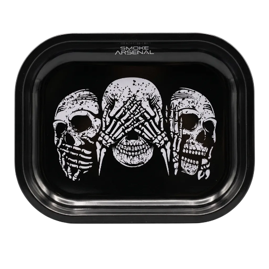 A black mini rolling tray with a design of three skeleton figures in the center, each with a different expression.
