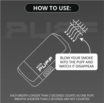 Instructions on how to use a Nova Puff device with text and diagram on a dark background.