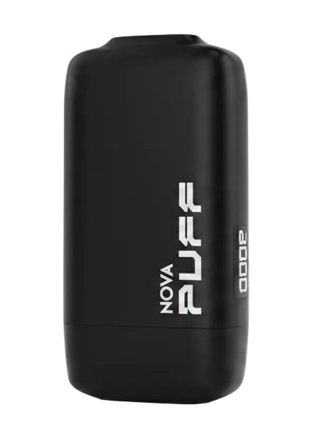 Black vape device with 'Nova Puff' branding on a white background