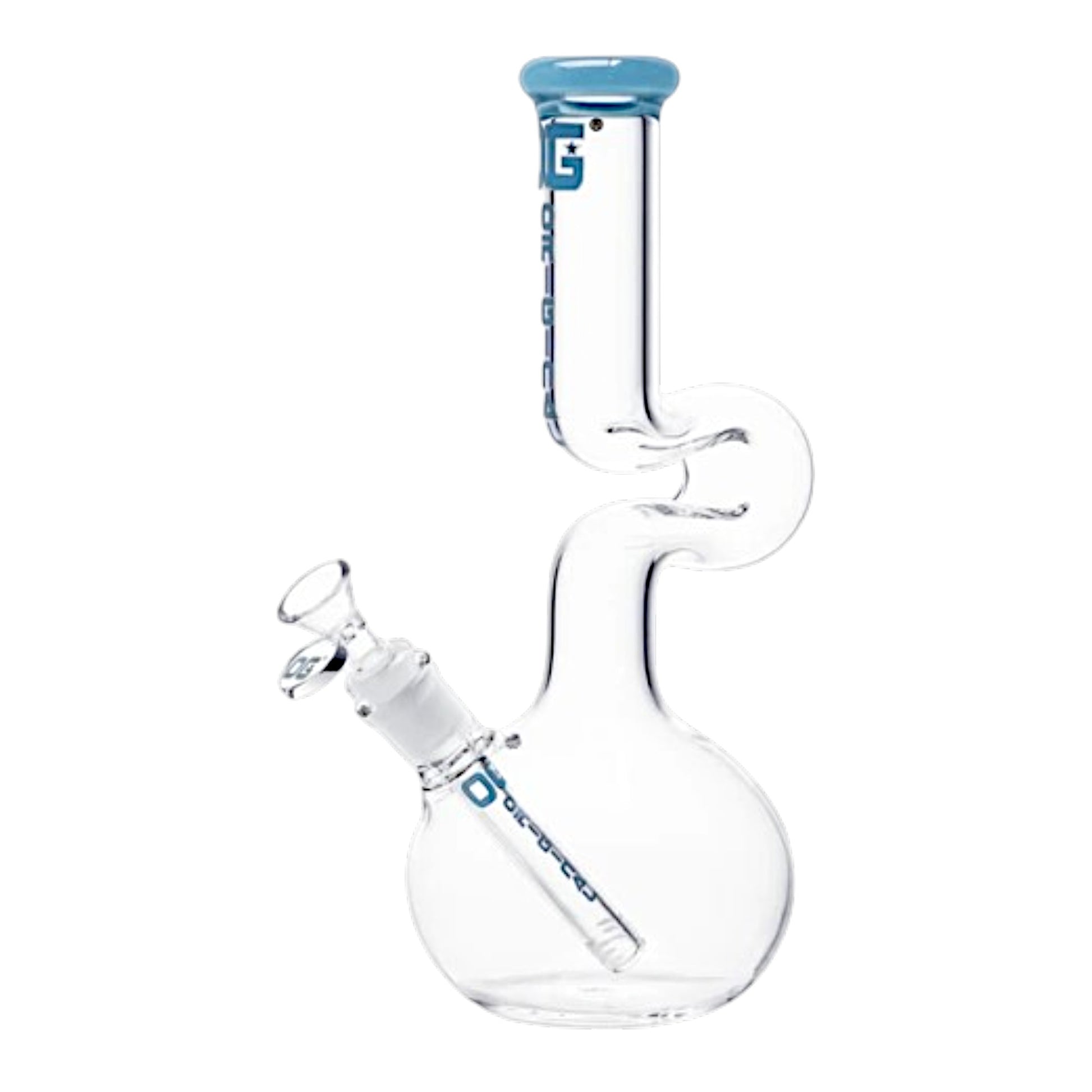 Clear glass water pipe with a blue mouthpiece and blue branding text, featuring a round base, neck, and angled side bowl on a white background. The Wee Smoke Shop