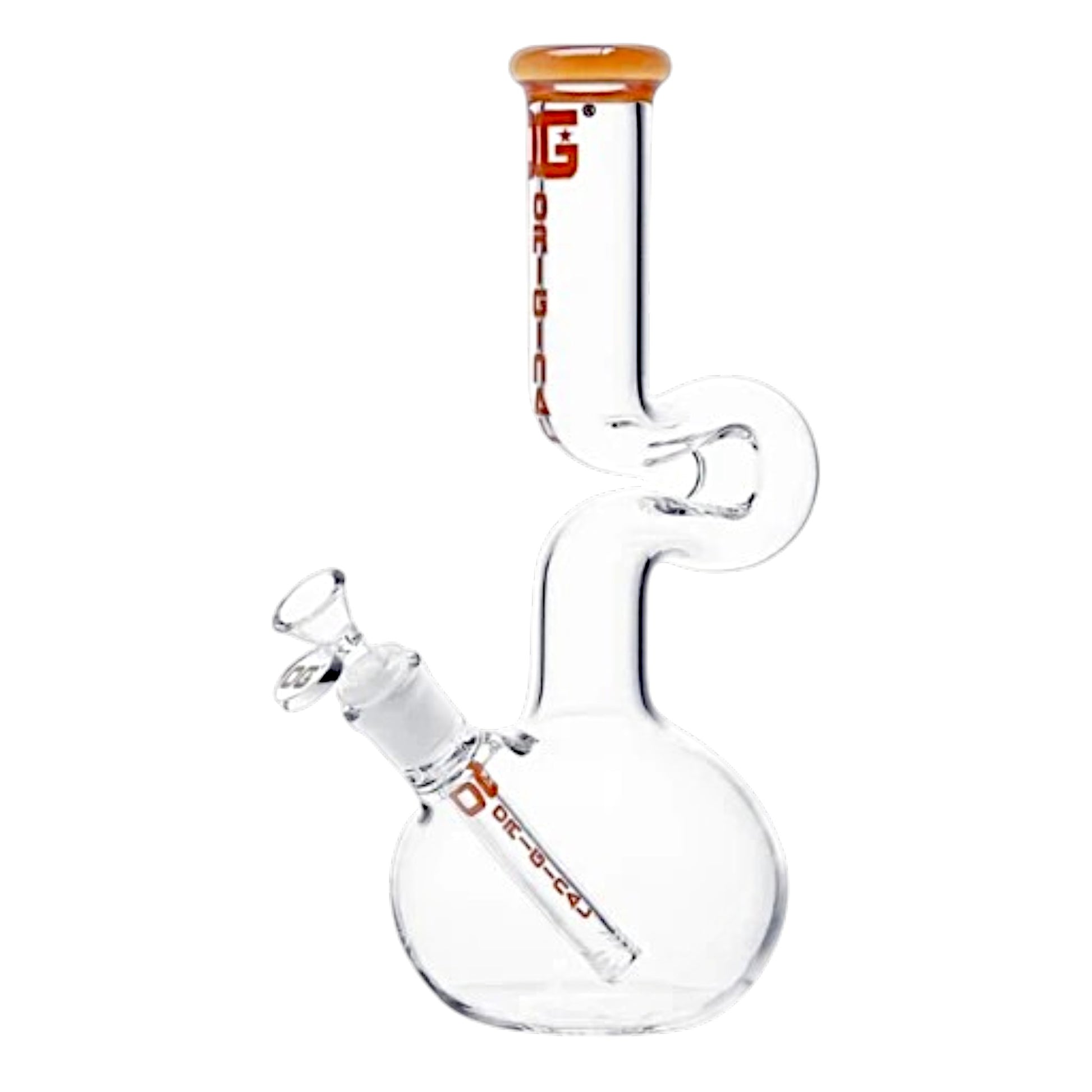 Clear glass water pipe with a round base, curved neck, and angled top mouthpiece, featuring orange printed branding on a white background. The Wee Smoke Shop