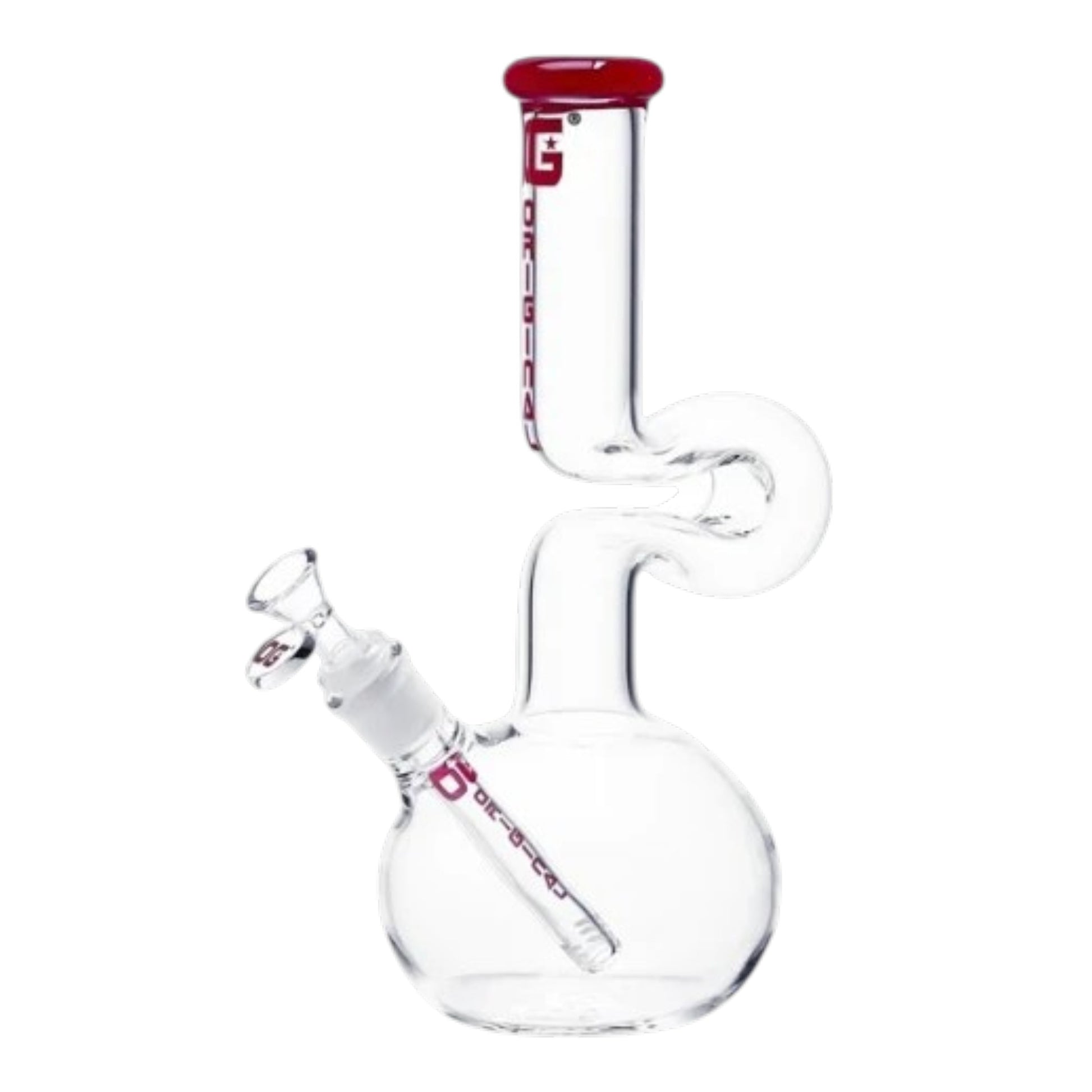 Clear glass water pipe with a red mouthpiece and red printed branding, shown on a plain white background. The Wee Smoke Shop