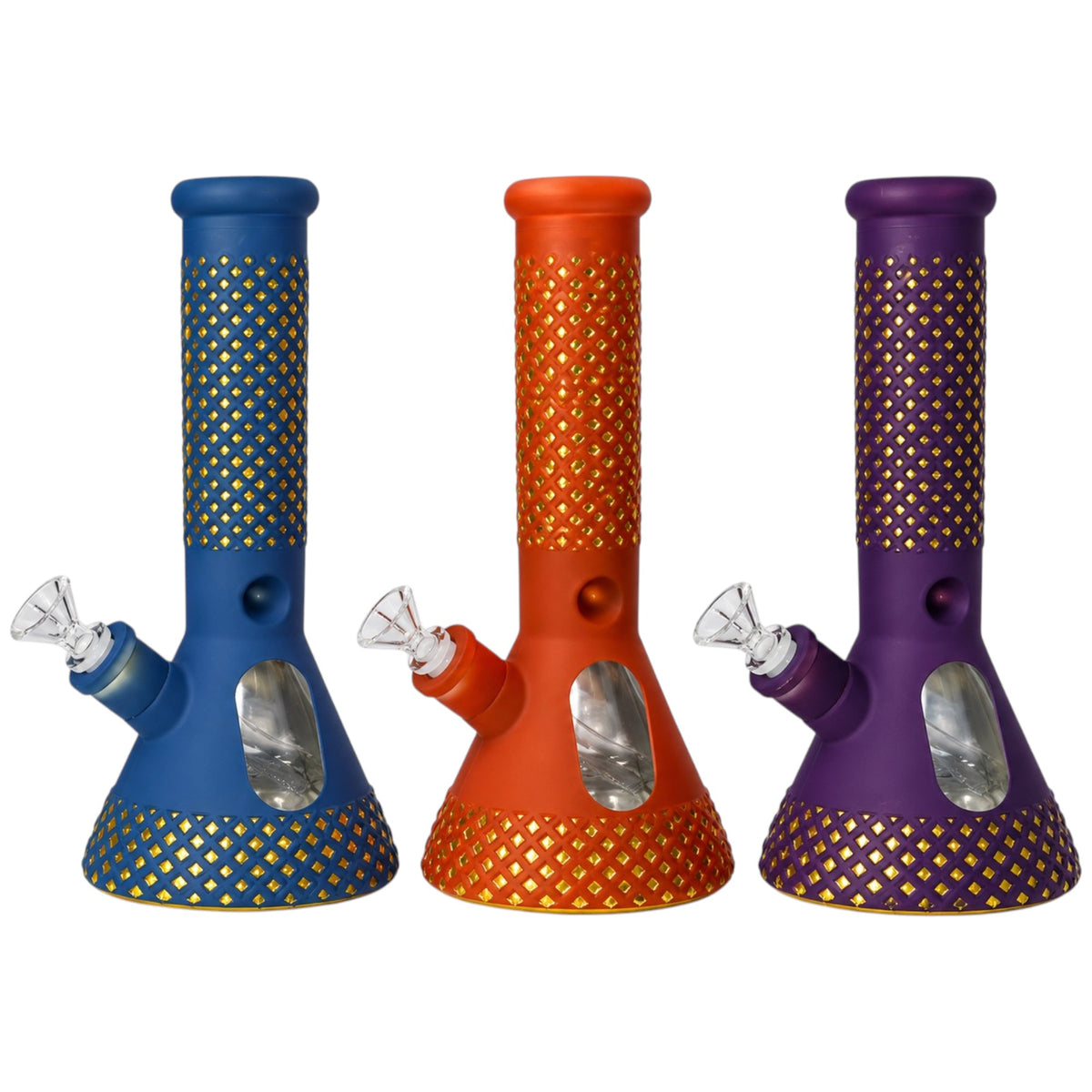 Three diamond-pattern beaker bongs in blue, orange, and purple with yellow accents, textured necks and bases, clear viewing windows, and angled glass bowls.