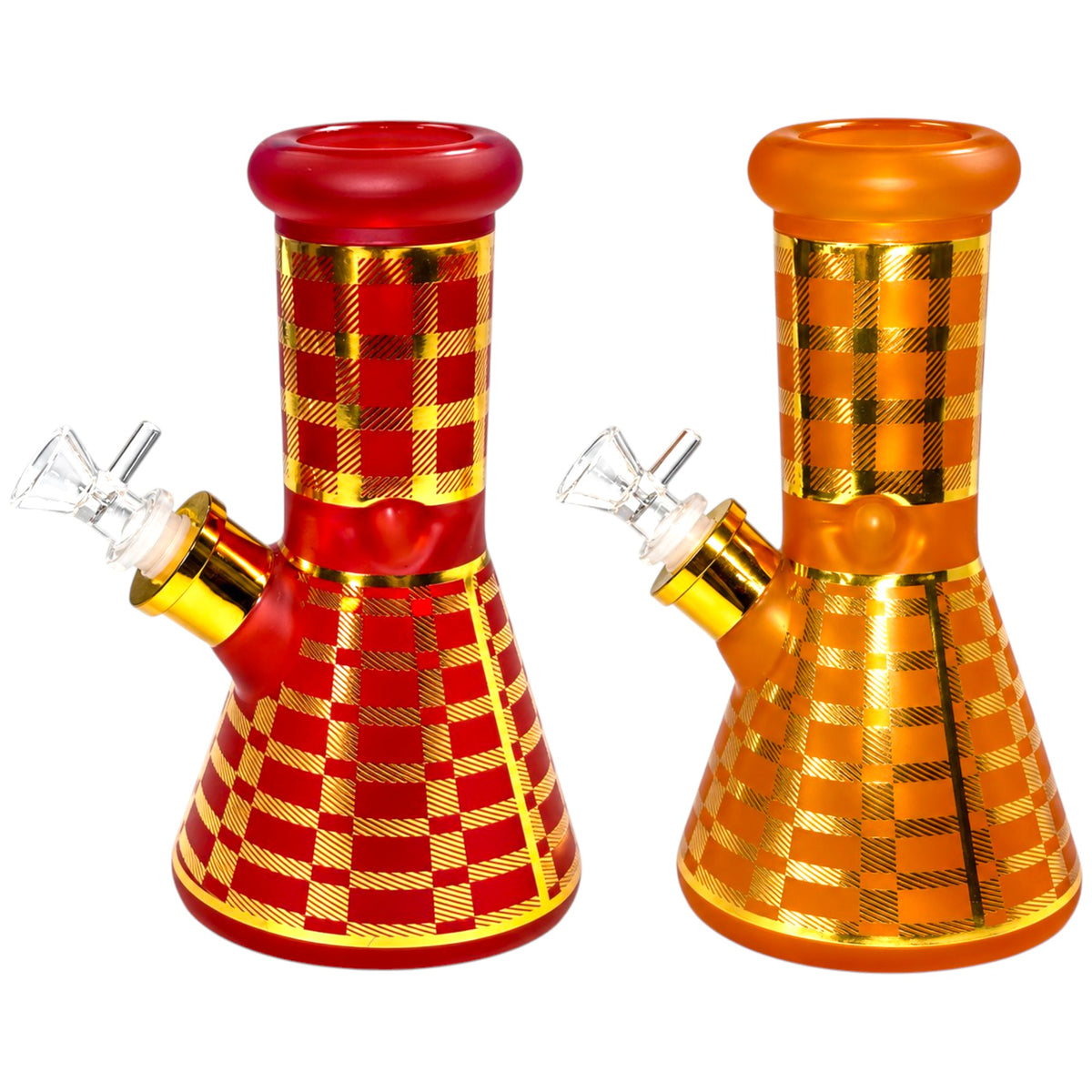 Two OG 8-inch 7mm glass beaker bongs in red and orange, featuring metallic gold checkered patterns, rounded mouthpieces, wide beaker bases, and angled glass bowls. - The Wee Smoke Shop