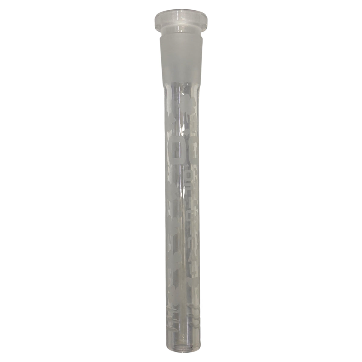 Clear OG 5-inch glass downstem with a frosted glass joint, etched clover patterns, vertical OG branding, and slotted diffuser end, shown upright against a white background.