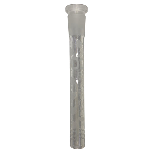 Clear OG 5-inch glass downstem with a frosted glass joint, etched clover patterns, vertical OG branding, and slotted diffuser end, shown upright against a white background.