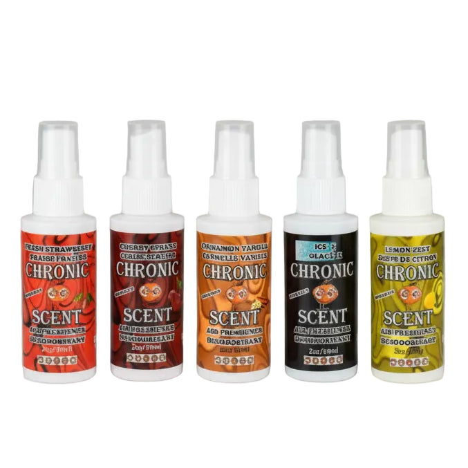 Five Chronic Scent perfume spray bottles lined up on a white background, featuring different flavor labels: Fresh Strawberry, Cherry Vines, Cinnamon Vines, Ice & Smoke, and Lemon Zest.