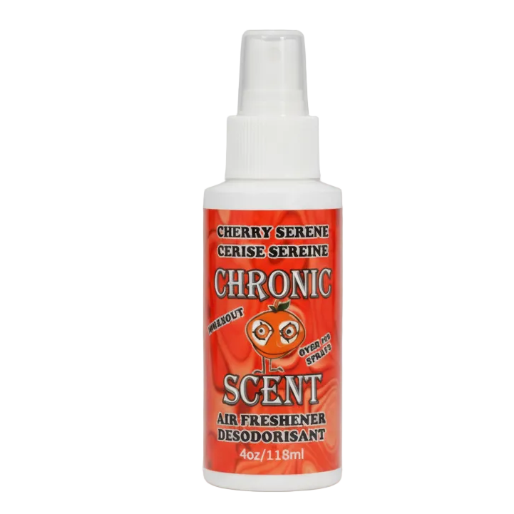 Spray bottle labeled Cherry Serene 'Chronic' with red and white design on a white background