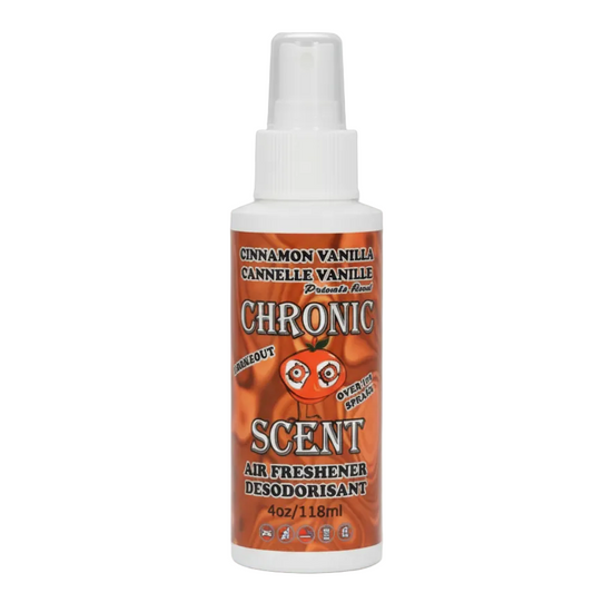 Air freshener spray with cinnamon vanilla scent on a white background