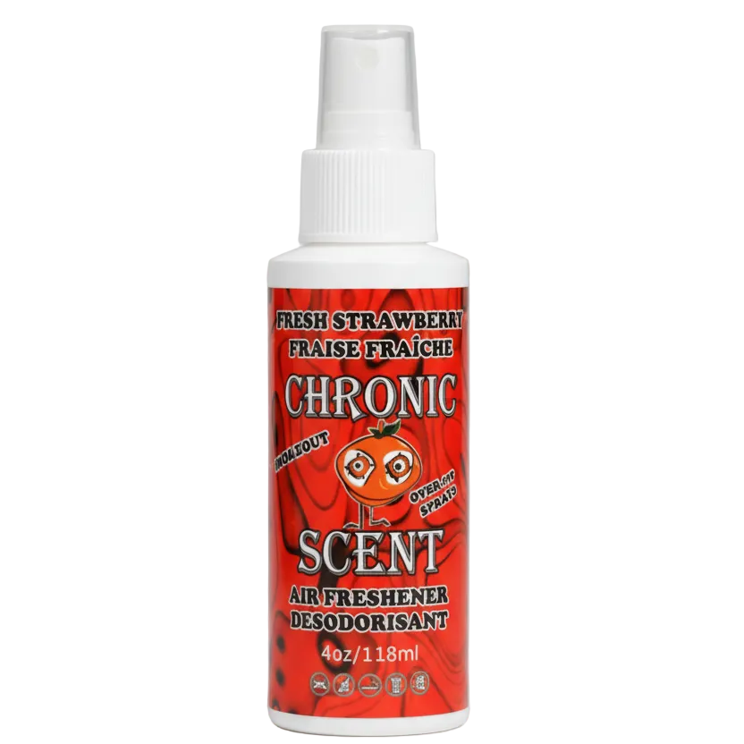 Spray bottle labeled 'Chronic Scent' fresh strawberry with red and white design on a white background
