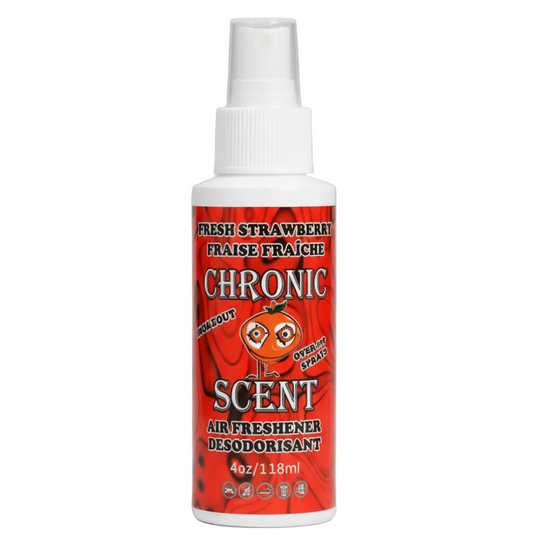 Spray bottle labeled 'Chronic Scent' fresh strawberry with red and white design on a white background