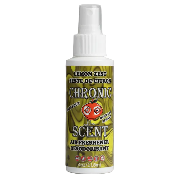 Lemon-scented air freshener spray bottle with visible branding on a white background