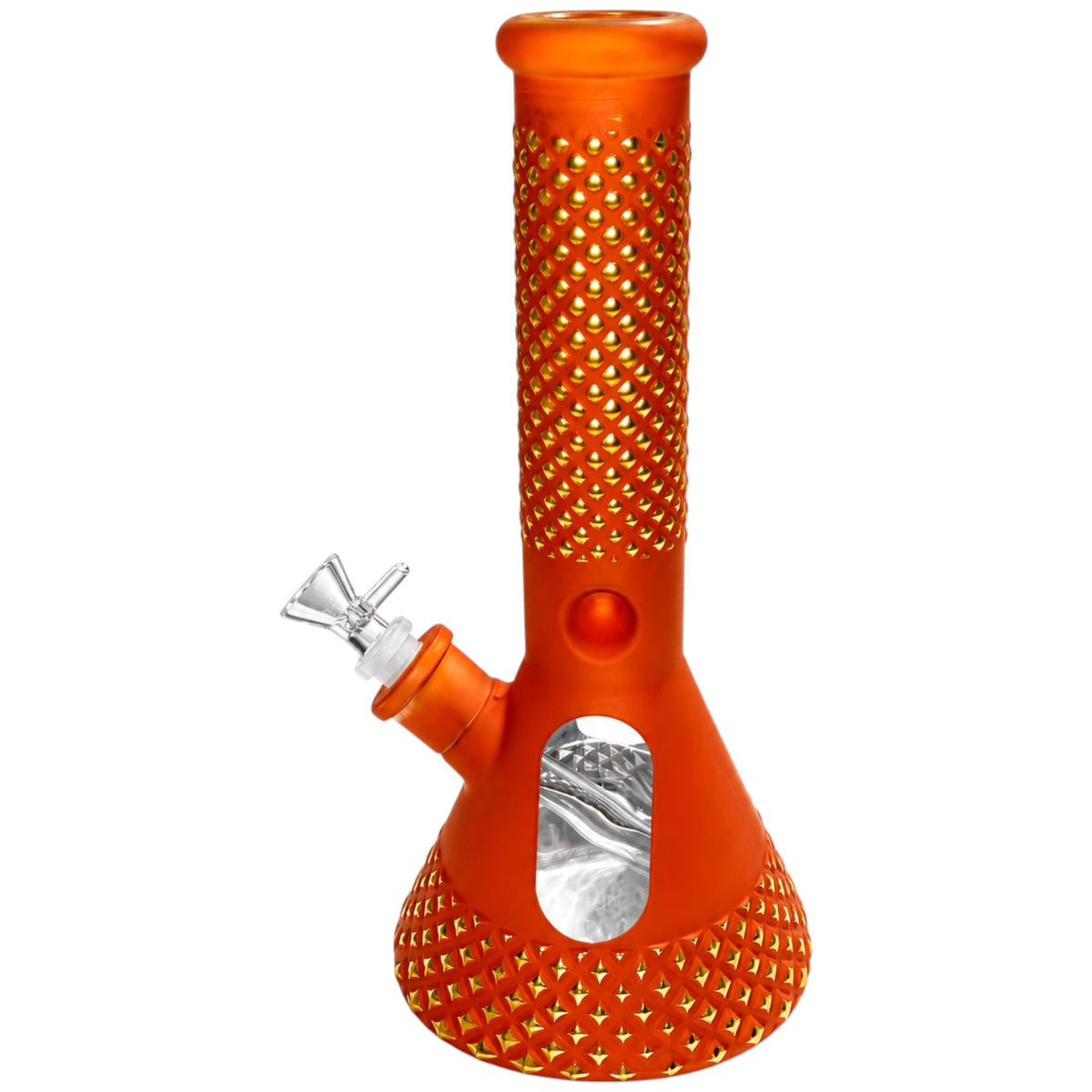 Orange beaker bong with a yellow diamond-pattern design, wide beaker base, clear oval viewing window, and angled glass bowl piece.