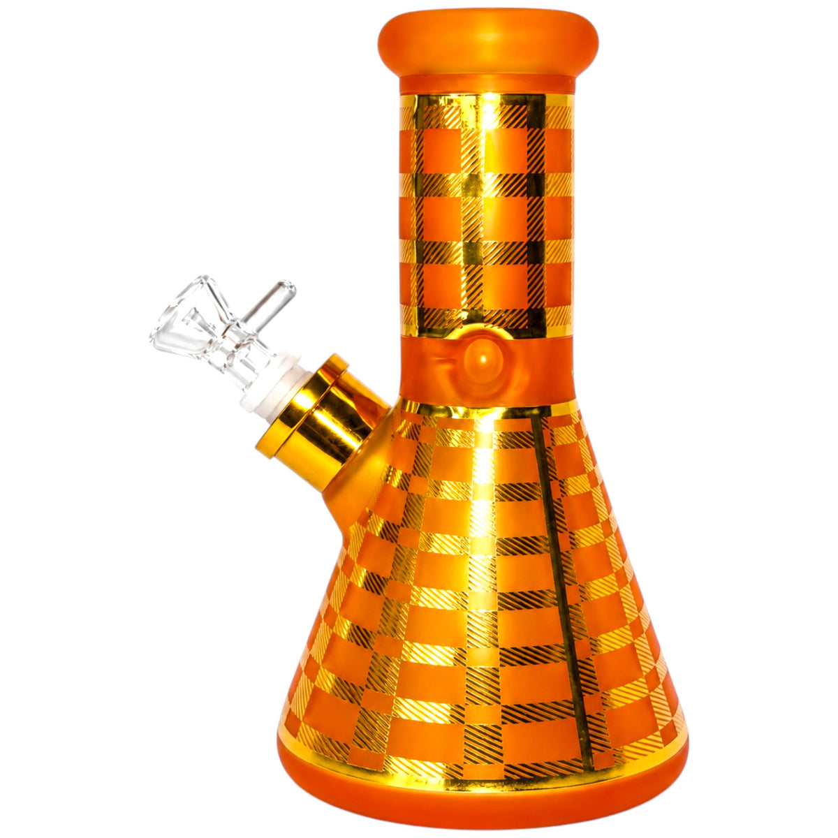 OG 8-inch orange glass beaker bong with 7mm thick glass, metallic gold checkered detailing along the neck and base, rounded orange mouthpiece, and angled clear glass bowl. - The Wee Smoke Shop