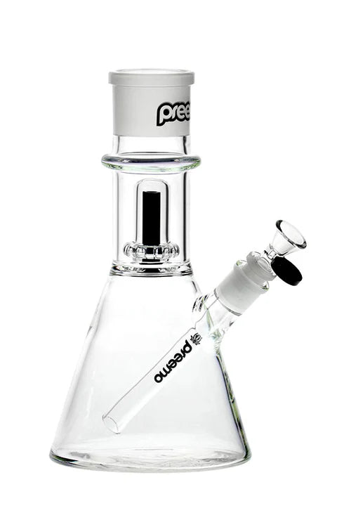 Clear glass beaker bong with showerhead percolator, angled downstem, and bowl piece