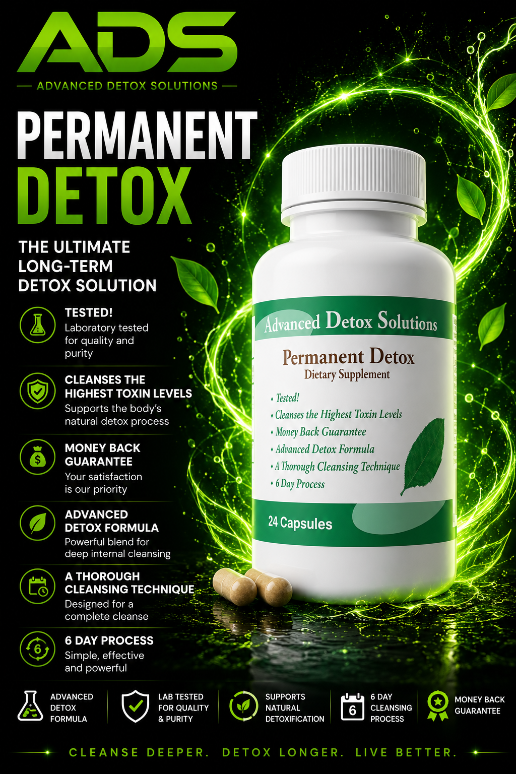 Advertisement for Advanced Detox Solutions Permanent Detox supplement with green and white design.