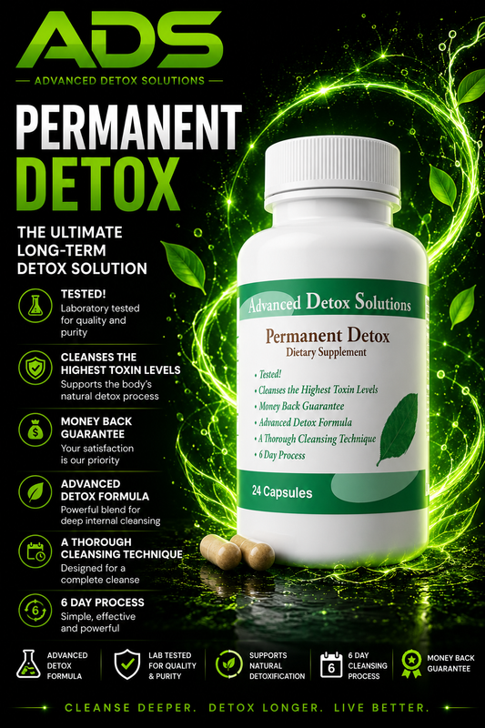 Advertisement for Advanced Detox Solutions Permanent Detox supplement with green and white design.