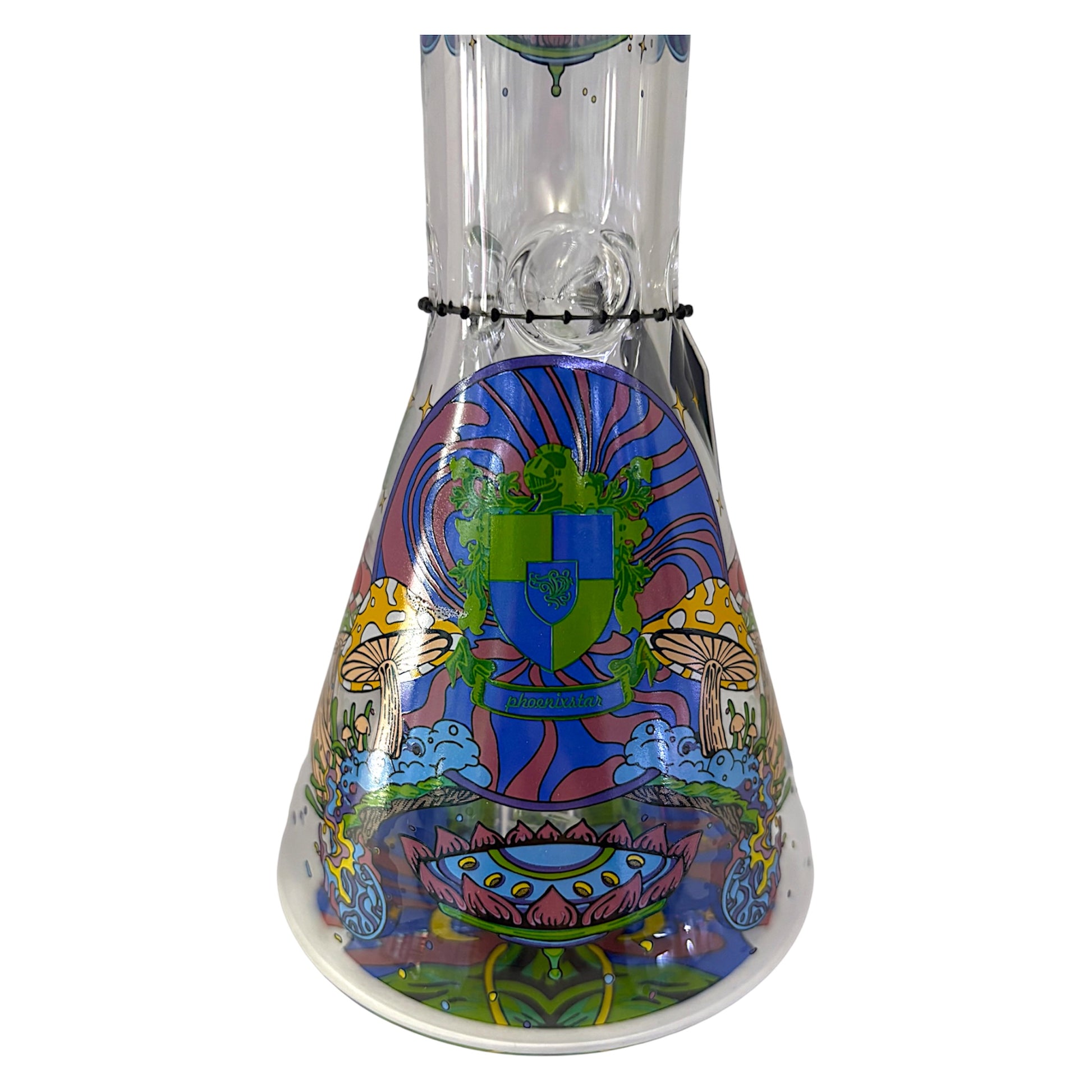 Close-up of Phoenix Star glass beaker bong base with colourful mushroom, crest, planet, and psychedelic artwork on clear glass. - The Wee Smoke Shop