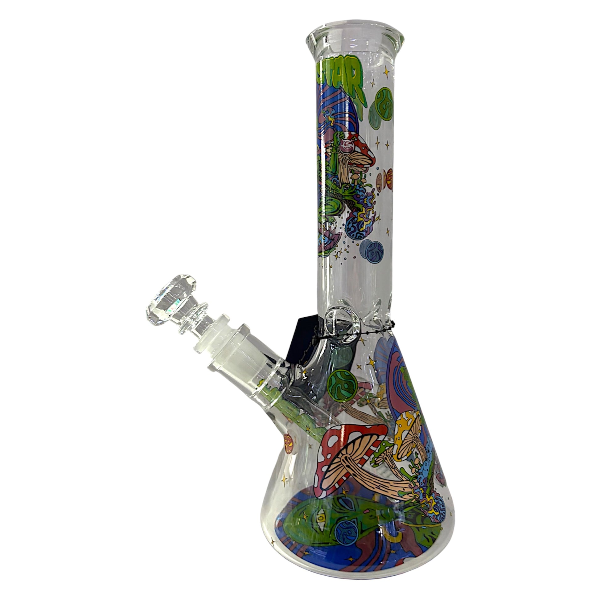 Side view of Phoenix Star glass beaker bong with mushroom artwork, clear glass body, downstem, bowl, and product tag. - The Wee Smoke Shop